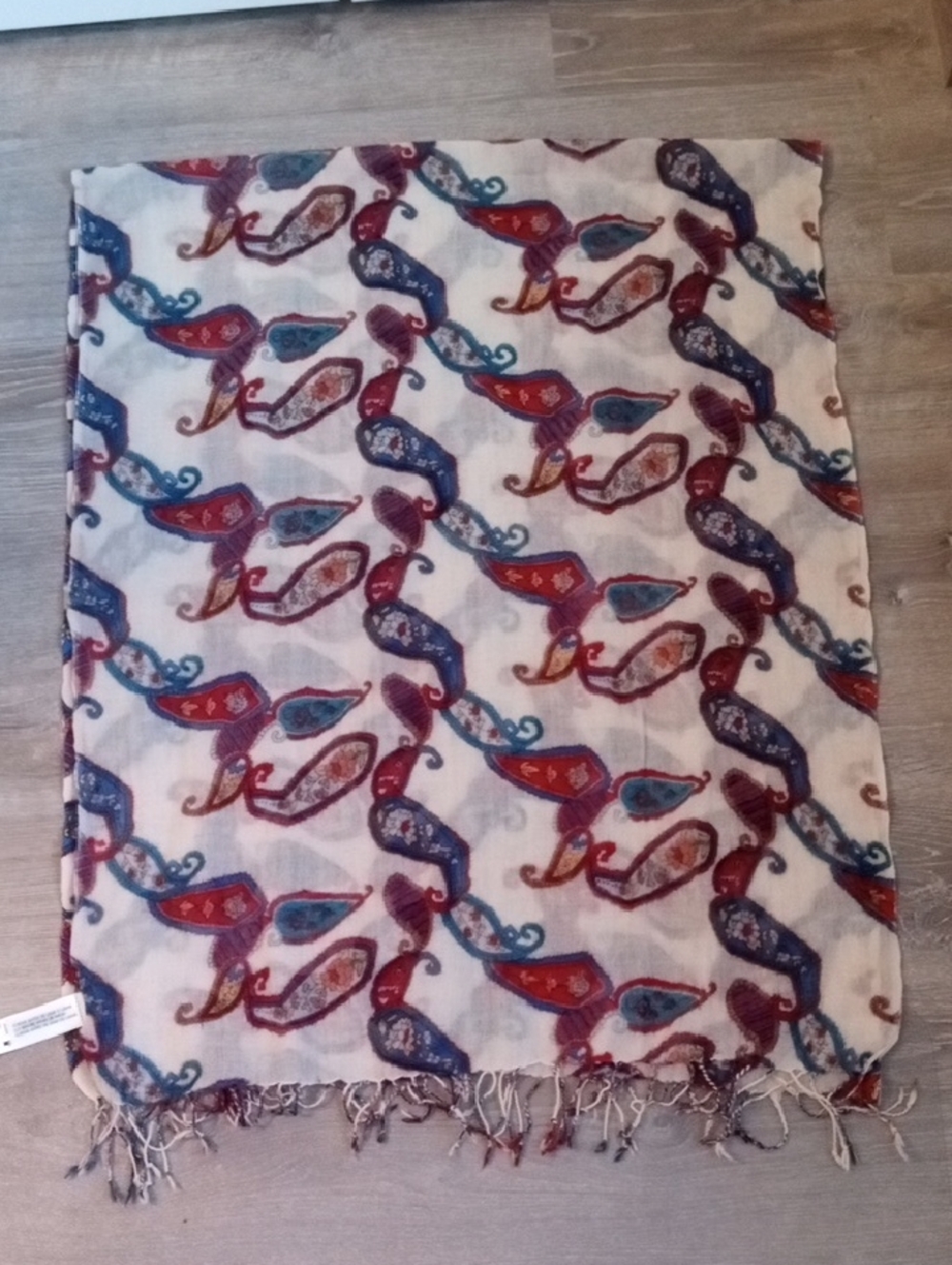 Adolfo Dominguez White Scarf with Red and Blue Paisley Motif - Picture 3 of 7